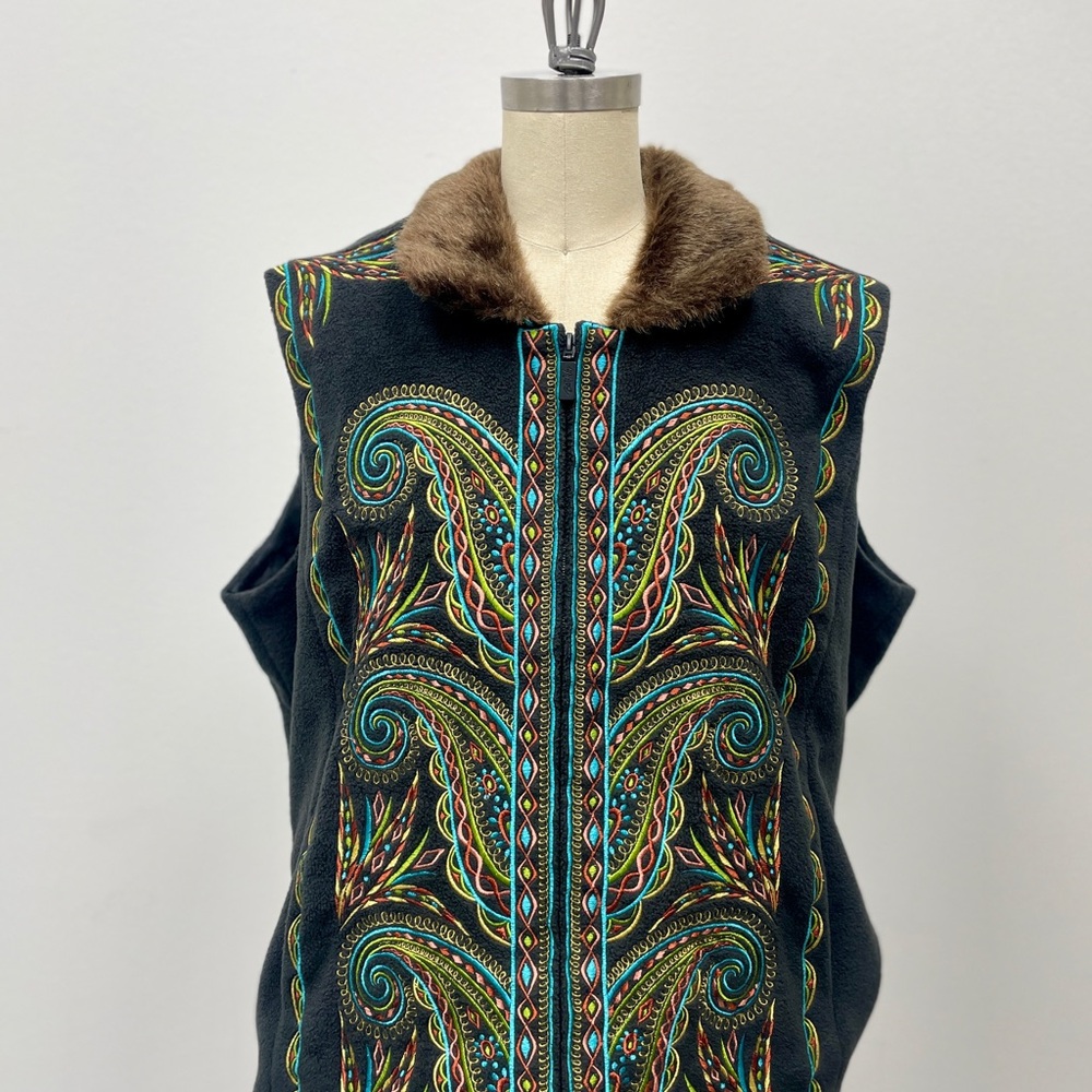 Bob Mackie Black Paisley Vest with Brown Faux Fur Collar